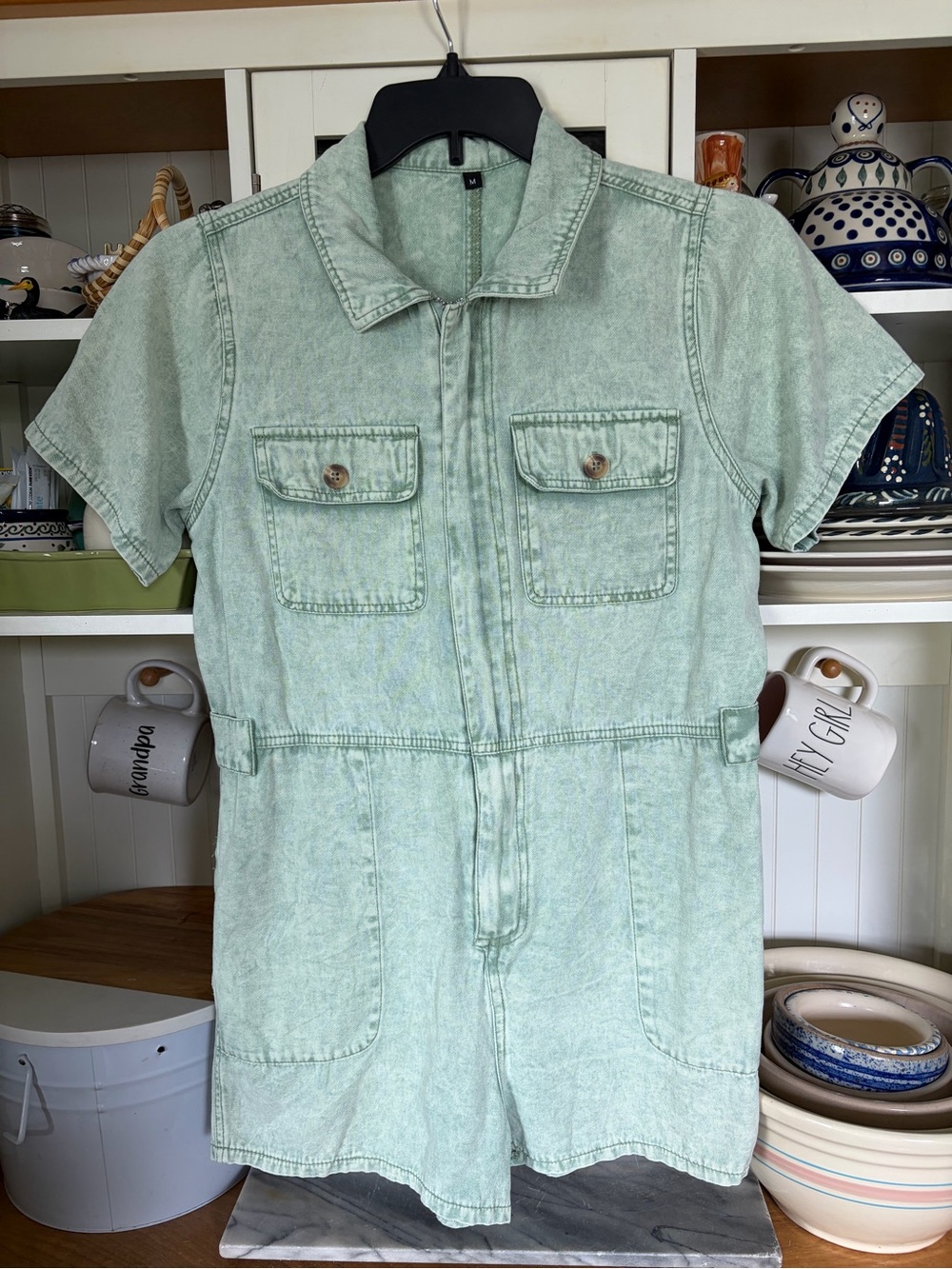 Women’s Y2K Romper Sz M Sage green distressed denim short utility romper